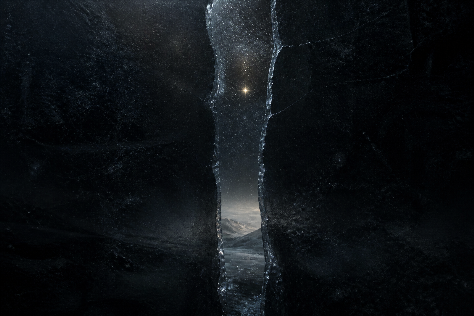 A thin fracture in dark ice revealing a colder night sky